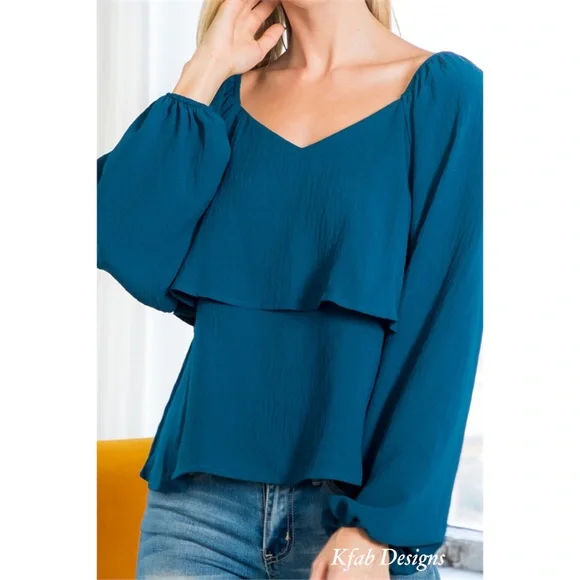 ❤️LAST 1! TEAL SWEATHEART NECKLINE TIERED RUFFLE PUFF SLEEVE TOP! - Picture 8 of 8